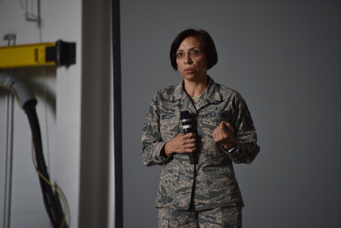 Command Chief of Air Force Reserve Command Chief Master Sgt. Erica Kelly gives a short briefing during commander’s call at the Pittsburgh International Airport Air Reserve Station, September 10, 2016. Kelly spoke to Airmen about the vital importance of taking care of themselves, their families and each other. (U.S. Air Force photo by Staff Sgt. Marjorie A. Bowlden)