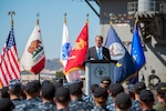 Defense Secretary Ash Carter delivers a speech on the flight deck of the aircraft carrier USS Carl Vinson (CVN 70). Carter spoke to the Vinson crew regarding the rebalance to the Asia-Pacific and ongoing security challenges in the region. Carl Vinson is preparing for a 2017 Western Pacific Deployment.