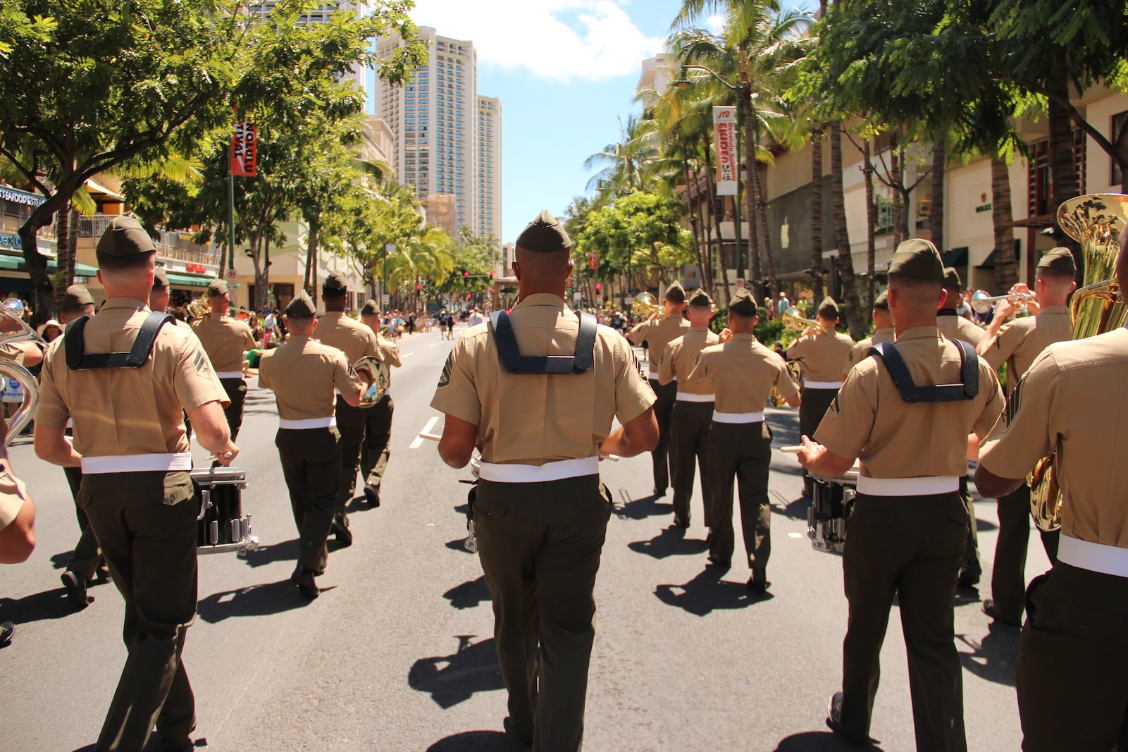 A view from behind the Field Band, as they march through Honolulu.