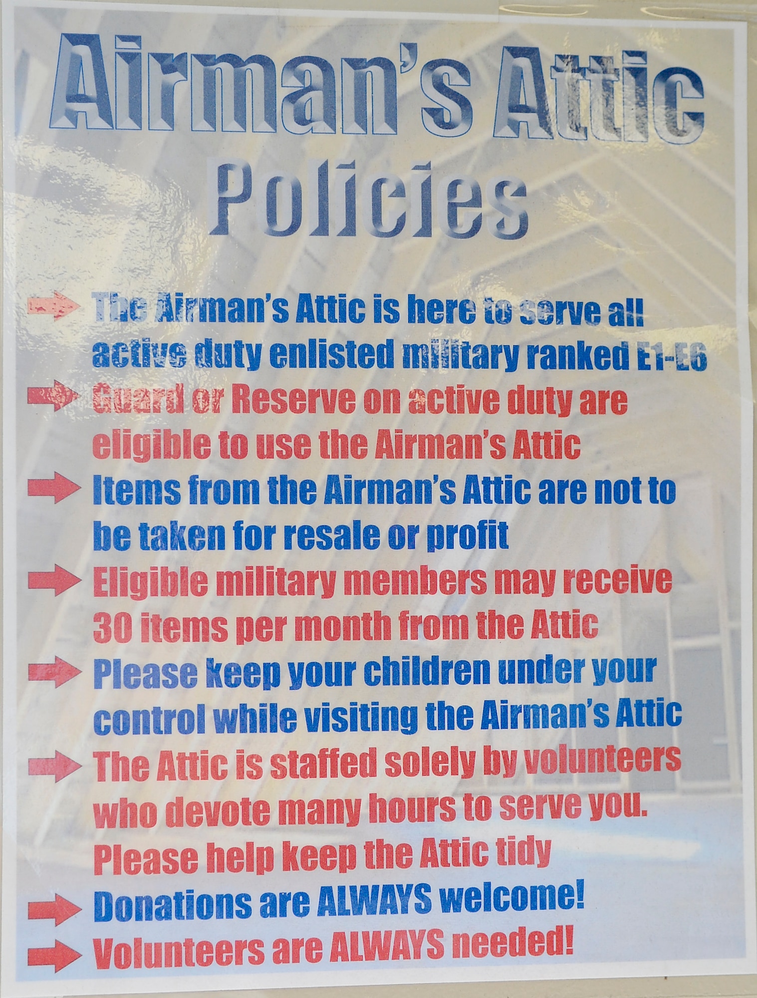 Airman’s Attic policies are displayed in the store front, Sept. 27, 2016, at MacDill Air Force Base, Fla. The Airman’s Attic accepts donated items in good condition, including uniforms, women’s, men’s and children’s clothing, flat screen televisions, and more. (U.S Air Force photo by Senior Airman Jenay Randolph)