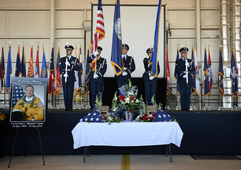 Beale Air Force Base Honor Guard present the colors during a memorial service for Lt. Col. Steve “Shooter” Eadie, Sept. 29, 2016, at Beale Air Force Base, California. Eadie was killed Sept. 20, 2016, when a U-2 Dragon Lady he was piloting crashed in the Sutter Buttes mountain range. (U.S. Air Force photo/Staff Sgt. Bobby Cummings)