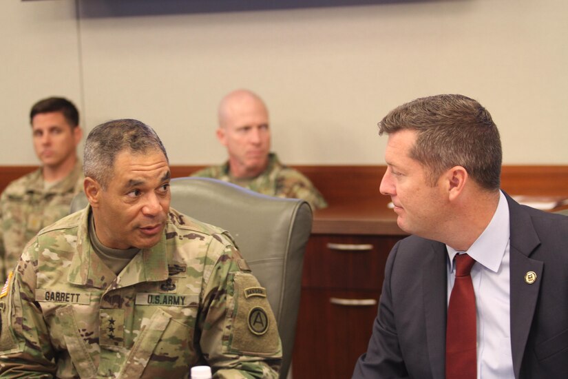 The Honorable Patrick Murphy (right), under secretary of the Army, and Lt. Gen Michael Garrett, commanding general, U.S. Army Central, discuss the efficient use of all available man power within the U.S. Central Command area of responsibility and a multitude of other topics that concerned the staff. Murphy was interested in the role of Army Service Component Commands and Title 10 responsibilities during a visit to Patton Hall located on Shaw Air Force Base, S.C., Sept. 30, 2016. 