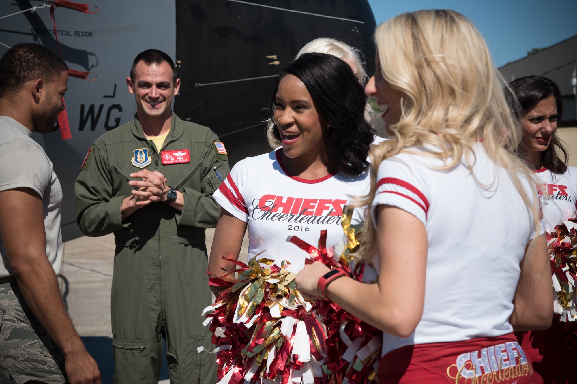 Tara and Claire (team policy dictates that they don't share their last names), National Football League cheerleaders from the Kansas City Chiefs, visited Keesler Air Force Base as part of an event hosted by the Army and Air Force Exchange Service that included a tour of the base, a Chiefs’ Cheerleader clinic for children at the Youth Center and a fashion show at the main Exchange. (U.S. Air Force photo/Senior Airman Heather Heiney) 