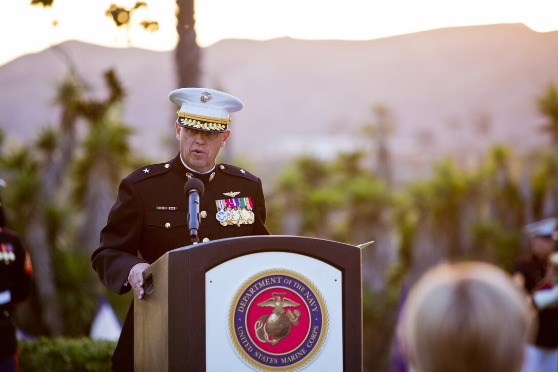 U. S. Marine Corps Brig. Gen. Kevin J. Killea, commanding general, Marine Corps Installations West, Marine Corps Base Camp Pendleton, addresses the audience during the commanding general’s evening colors ceremony at the historic Santa Margarita Ranch House on Camp Pendleton, Calif., Sept. 28, 2016. (U.S. Marine Corps photo by Sgt. Tabitha A. Markovich)