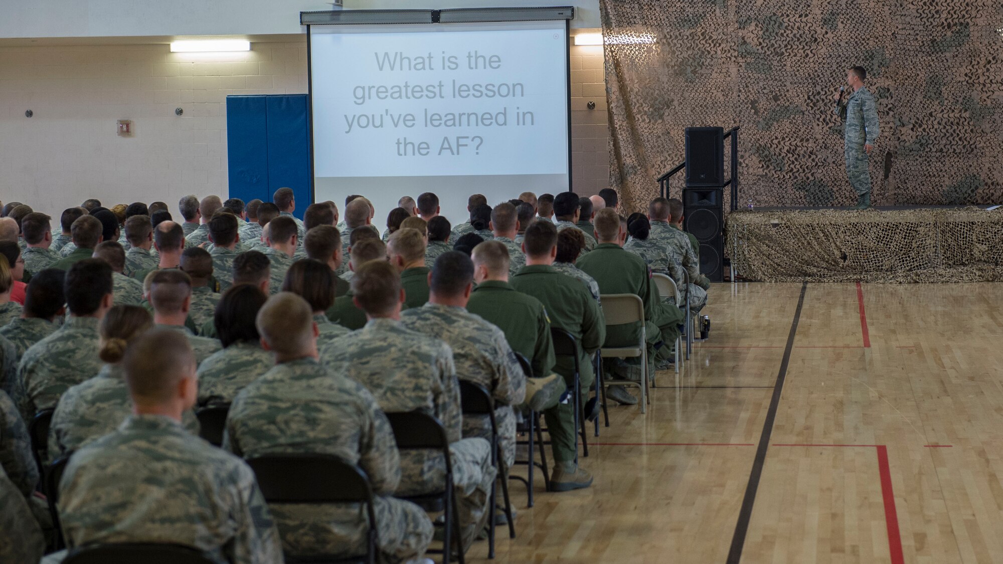 Holloman Airmen use an interactive polling technology to ask the new 49th Wing commander, Col. Houston Cantwell, questions during his first commander’s call at Holloman Air Force Base, N.M., on Sept. 29. Commander’s calls are an efficient form of direct communication between the Airmen on base and the wing commander. (U.S. Air Force photo by Senior Airman Aaron Montoya)