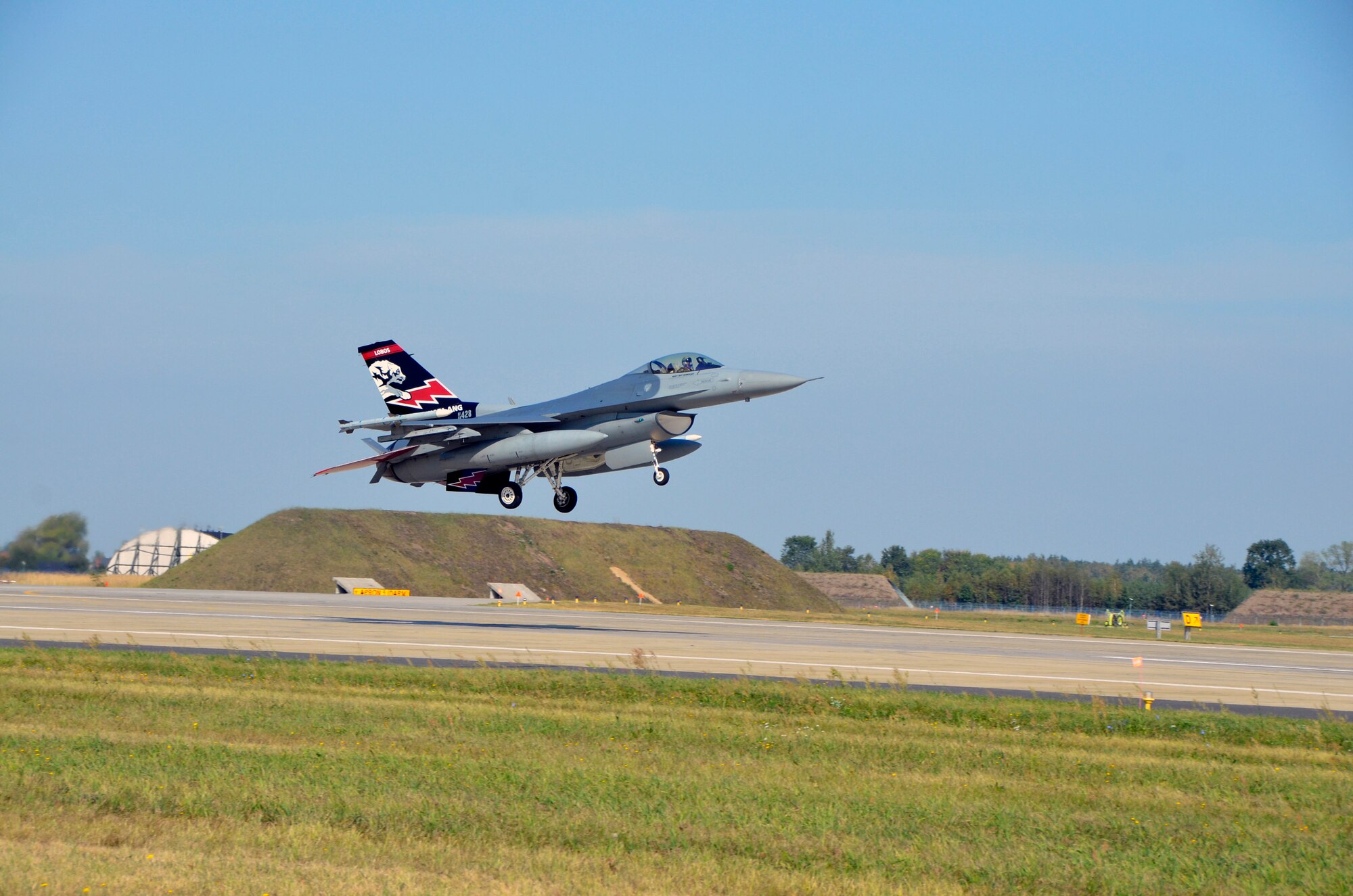 An F-16 Fighting Falcon from the South Dakota Air National Guard comes in for a landing at Lask Air Base, Poland, Sept. 19, 2016. The 114th Fighter Wing deployed more than 100 personnel in support of Aviation Detachment 16-4, a bilateral training exercise between the U.S. and Polish forces. The 114 FW was able to train alongside Polish allies in a variety of missions to include, close air support, air to air and air to ground. (U.S. Air National Guard photo by Capt. Amy Rittberger)