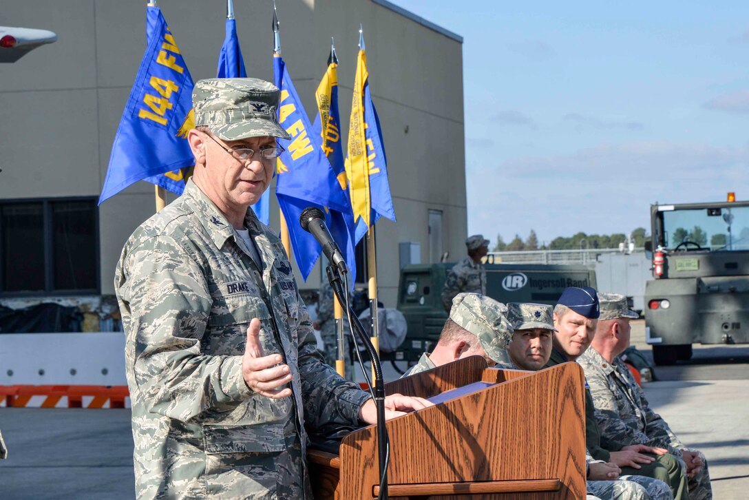 U.S. Air Force Col. Reed Drake, 144th Fighter Wing commander, gives the welcoming remarks at the wing's first Honorary Commander’s Induction Ceremony held at the Fresno Air National Guard Base, Feb. 12, 2017, where five local leaders were inducted as honorary commanders. The honorary commander program serves as the consummate avenue through which local leaders help support the base due to the close interaction with the commanders and their organizations. (U.S. Air National Guard photo by Senior Airman Klynne Pearl Serrano