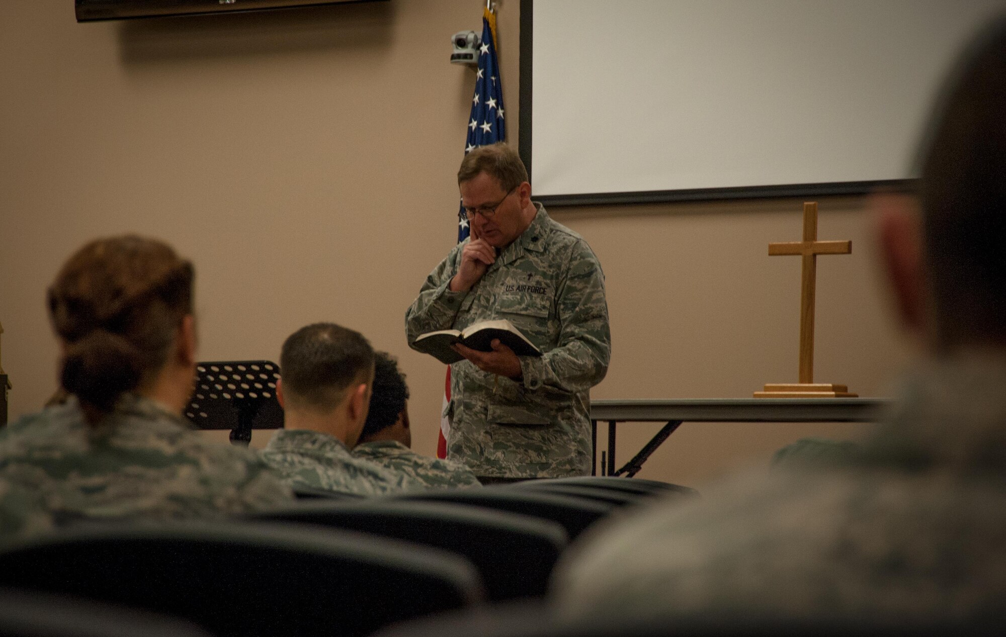 403rd Wing Chaplain (Lt. Col.) Ray Thompson speaks during a worship service March 5 at Keesler Air Force Base, Mississippi. (U.S. Air Force photo/Staff Sgt. Shelton Sherrill)