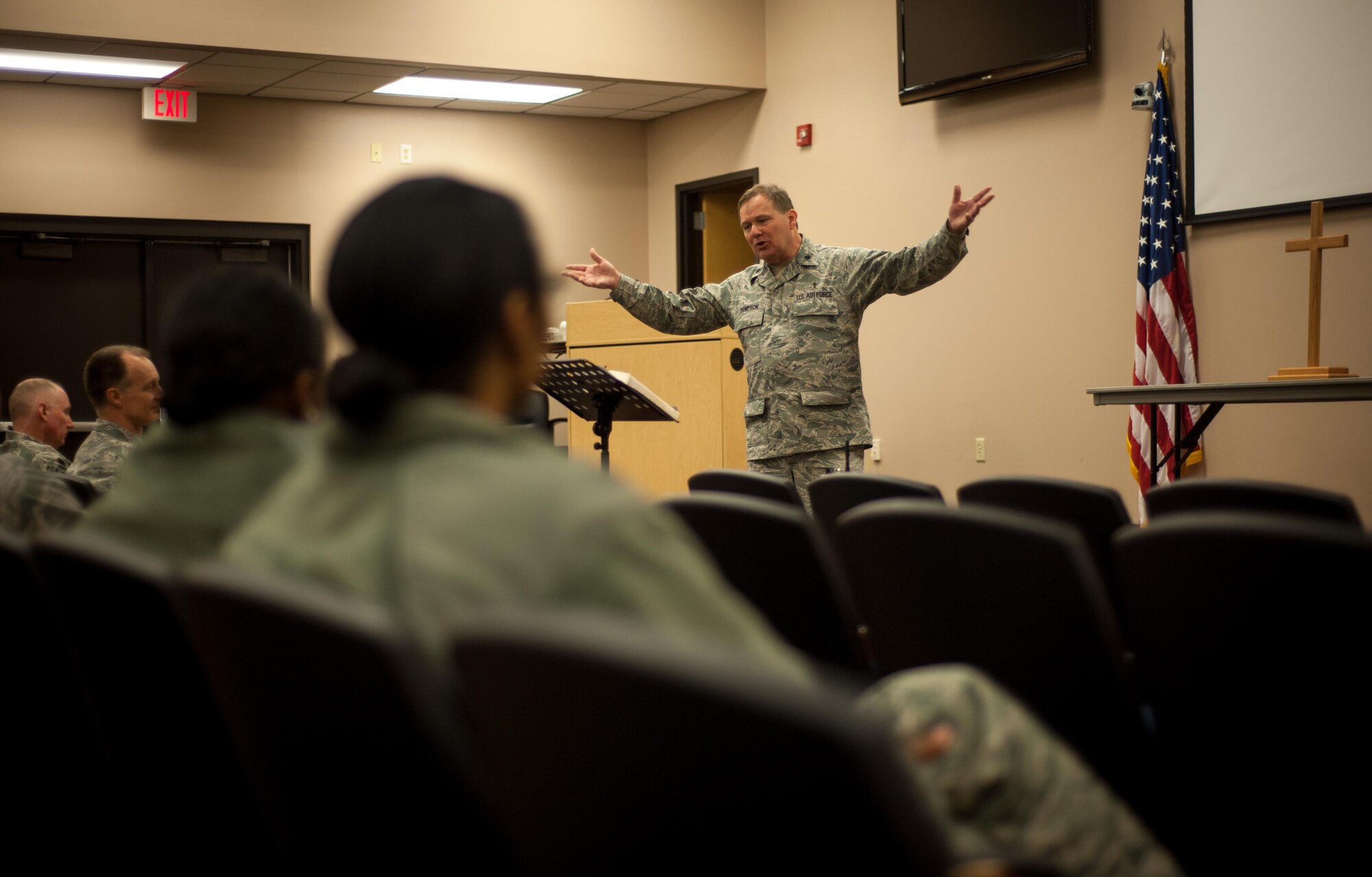 403rd Wing Chaplain (Lt. Col.) Ray Thompson speaks during a worship service March 5 at Keesler Air Force Base, Mississippi. (U.S. Air Force photo/Staff Sgt. Shelton Sherrill)
