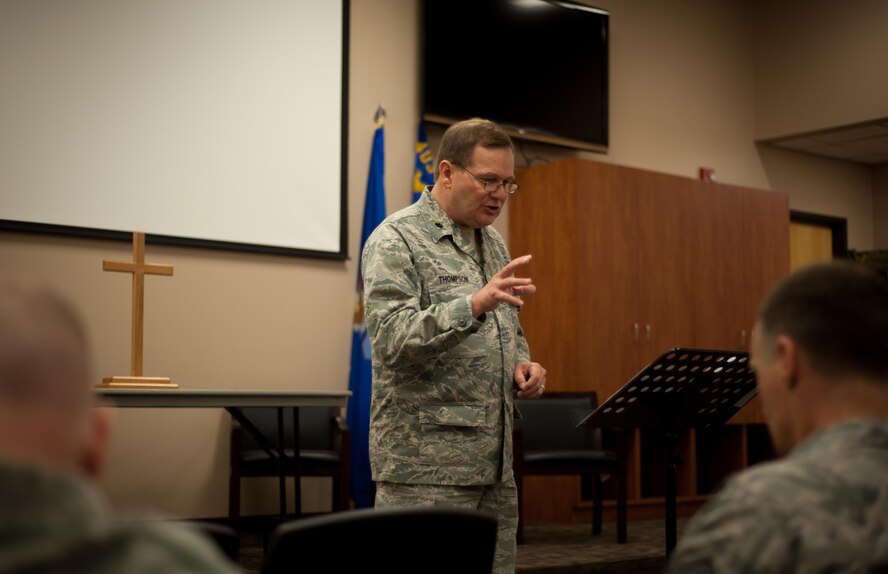 403rd Wing Chaplain (Lt. Col.) Ray Thompson speaks during a worship service March 5 at Keesler Air Force Base, Mississippi. (U.S. Air Force photo/Staff Sgt. Shelton Sherrill)