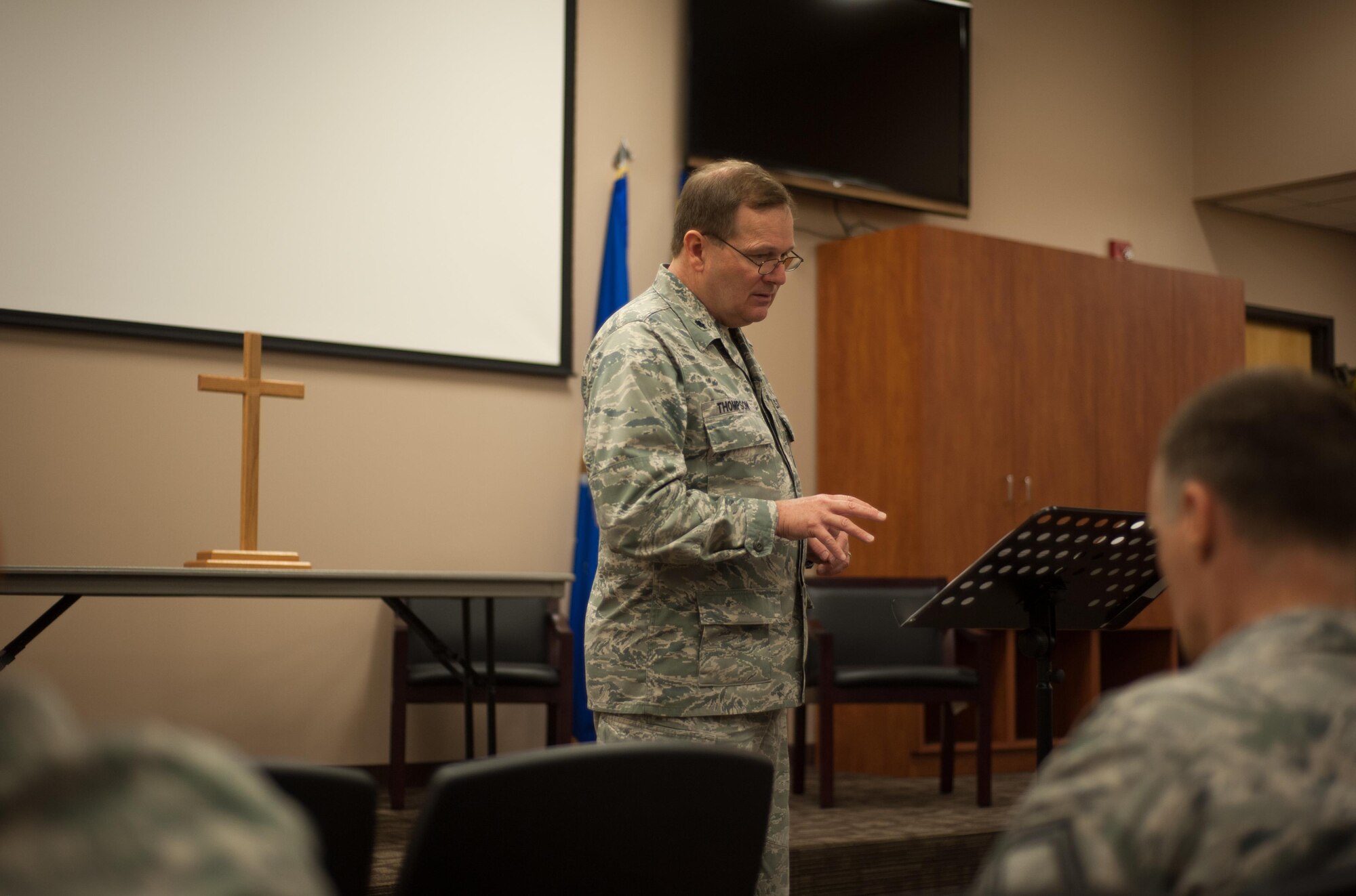 403rd Wing Chaplain (Lt. Col.) Ray Thompson speaks during a worship service March 5 at Keesler Air Force Base, Mississippi. (U.S. Air Force photo/Staff Sgt. Shelton Sherrill)