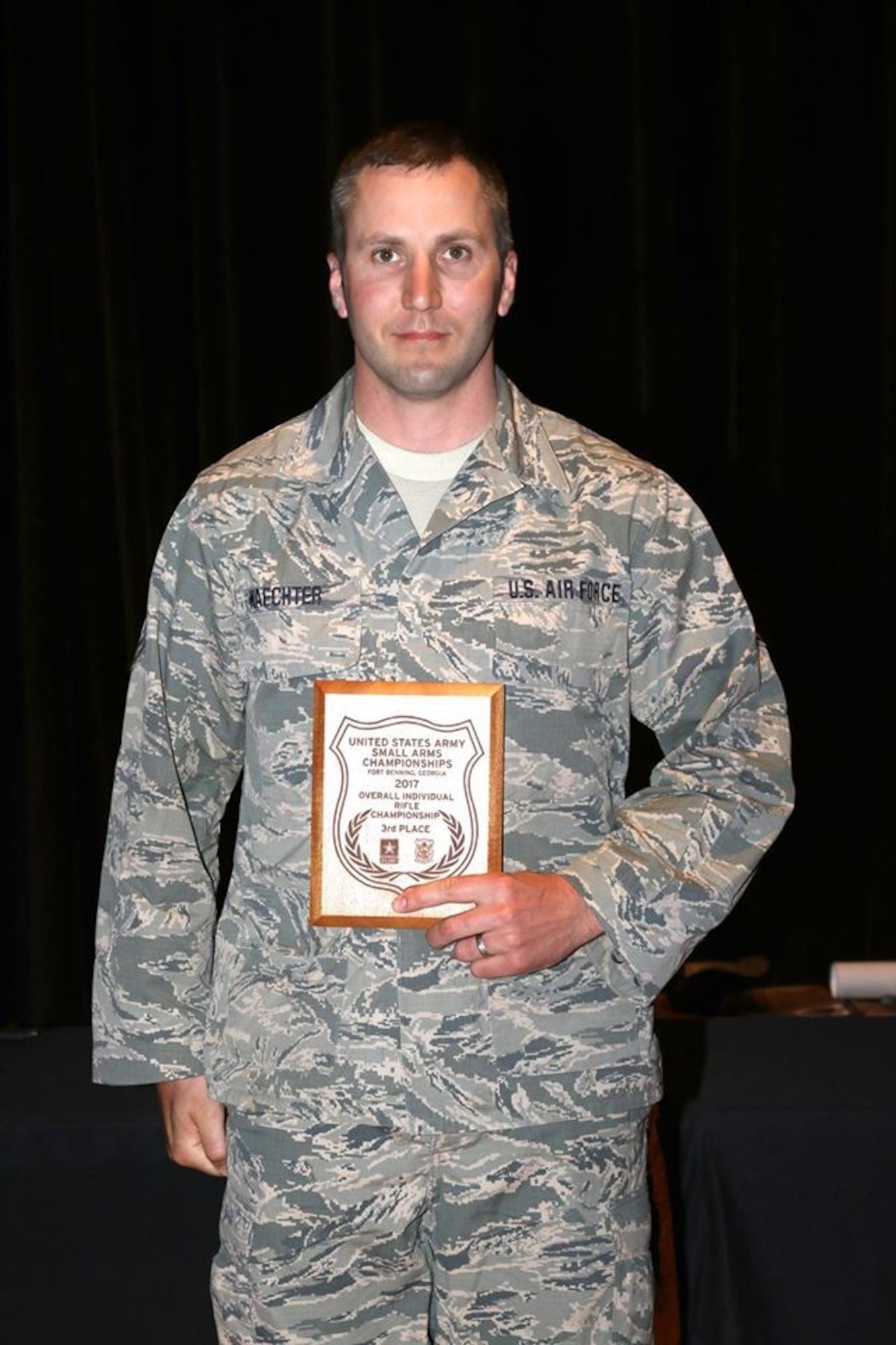 Finishing third place in the individual rife championship is Tech. Sgt. Matthew Waechter. His award was presented by Command Sgt. Major Metheny. The U.S. Army Rifle individual championship is an aggregate of all individual combat rifle matches.