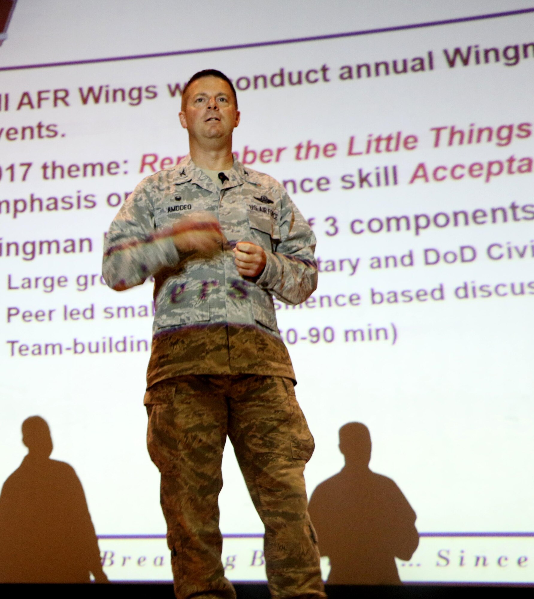 Col. Frank Amodeo 927th Air Refueling Wing commander addresses members of the 927th Air Refueling Wing during commander’s call held on Saturday of the April Unit Training Assembly at MacDill Air Force Base, FL. Commander’s call is an event where the commander gets an opportunity to interact with all members of the wing to address issues or concerns. (U.S. Air Force photo by Staff Sgt. Xavier Lockley)  