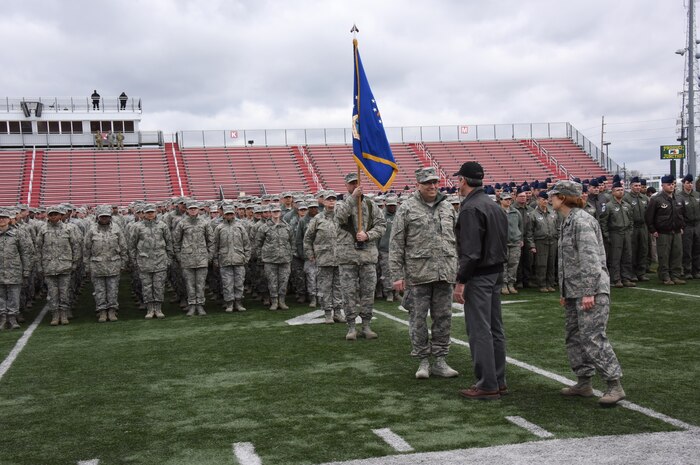 DOVER, Del.-  Delaware National Guard Adjutant General Carol A. Timmons escorts Governor of Delaware John C. Carney Jr. following a review of the troops to greet Assistant Adjutant General Colonel David Walker on April 1, 2017 at Delaware State University. (U.S. Air National Guard photo by Tech. Sgt. Gwendolyn Blakley/ Released).