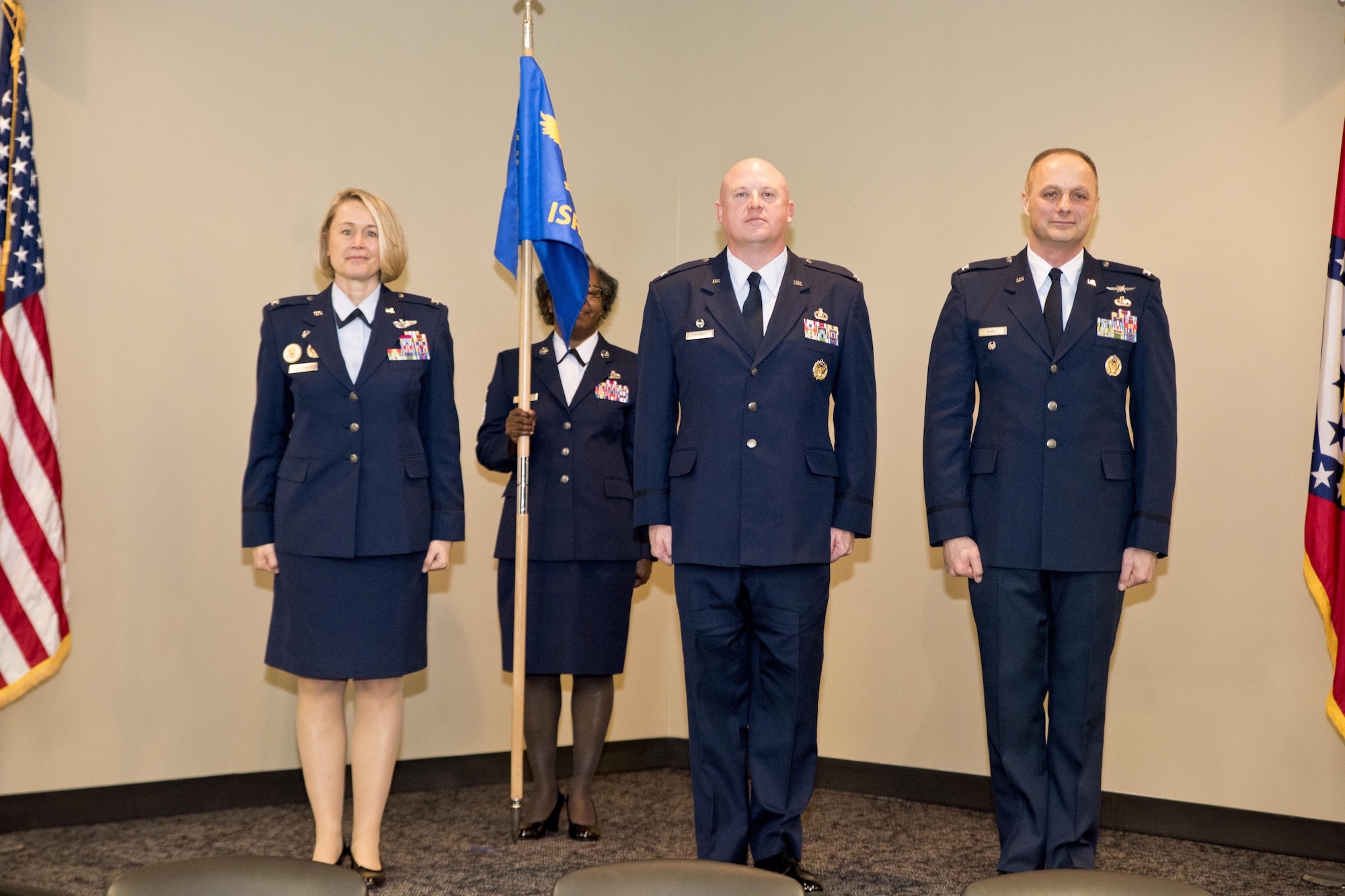 From left, Col. Bobbi J. Doorenbos, 188th Wing commander, Col. Stanley L. Stefancic III and Col. Robert I. Kinney stand following Stefancic’s assumption of command of the 188th Intelligence, Surveillance and Reconnaissance Group March 1, 2017 at Ebbing Air National Guard Base, Fort Smith, Ark. Stefancic assumed command from Kinney,  who was commander of the ISRG for almost three years.  (U.S. Air National Guard photo by Senior Airman Matthew Matlock) 