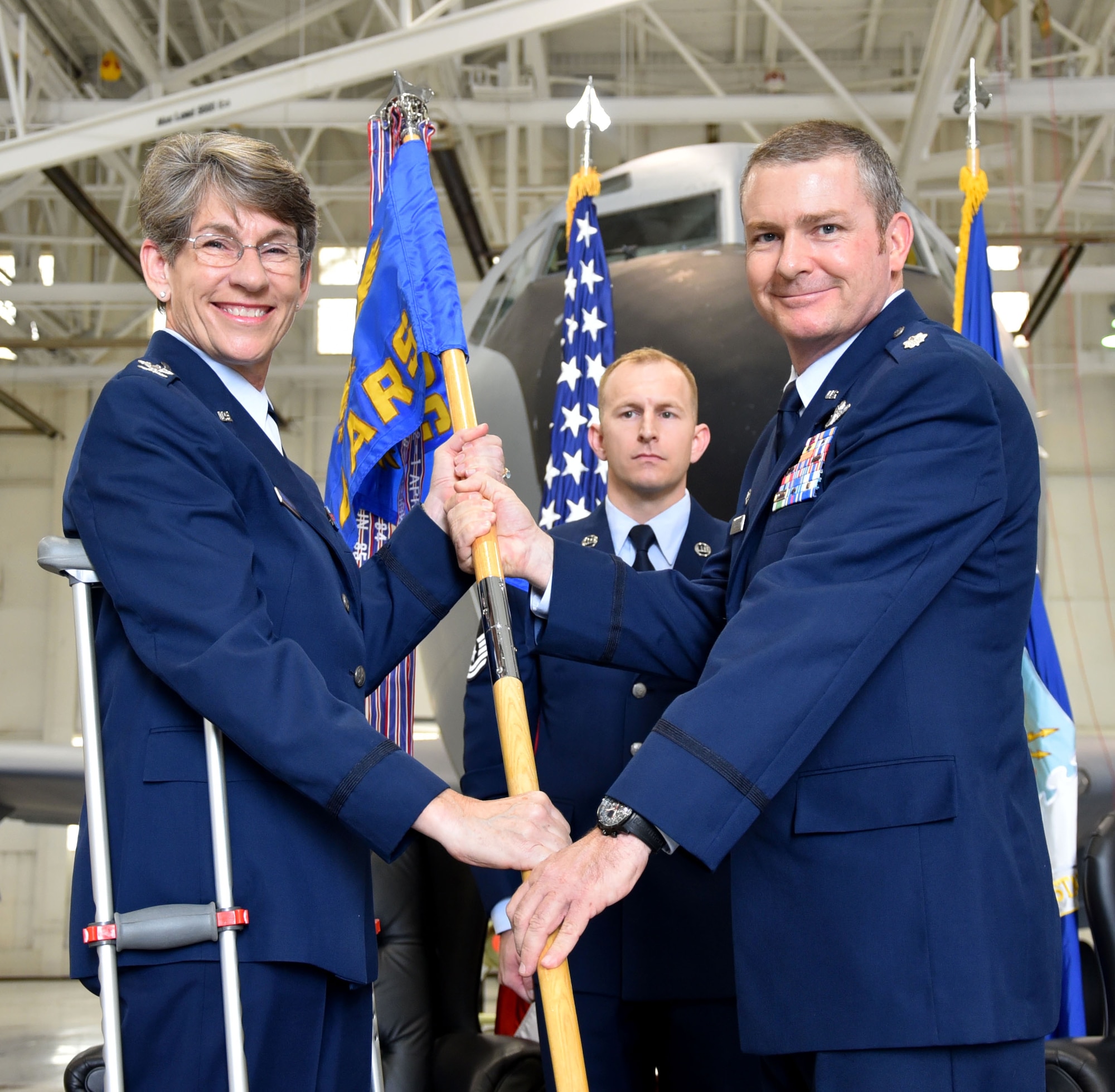 (Left to right) Col. Caroline Evernham, 931st Operations Group commander, hands the guidon to Lt. Col. Terry McGee, 924th Air Refueling Squadron incoming commander, during a standup and assumption of command ceremony April 2, 2017, McConnell Air Force Base, Kan.  McGee is the first commander of the 924 ARS since the unit was inactivated at Castle Air Force Base, Calif., in 1992. The 924 ARS at McConnell is the first unit in the Air Force dedicated solely to the KC-46A Pegasus.  The KC-46 is scheduled to arrive later this year.  (U.S. Air Force photo by Tech. Sgt. Abigail Klein)
