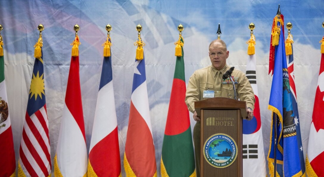 Commandant of the Marine Corps Gen. Robert B. Neller speaks at the Pacific Amphibious Leaders Symposium (PALS) 2017, Seoul, South Korea, April 1, 2017. PALS is held annually to help strengthen relationships between allied Marine and Naval forces. (U.S. Marine Corps photo by Cpl. Samantha K. Braun) 