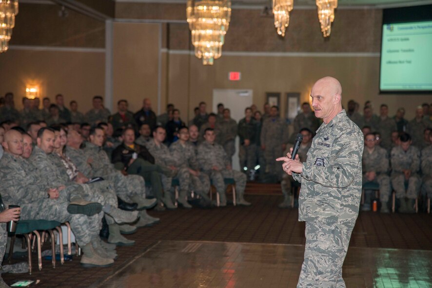 U.S. Air Force Col. R. Scott Jobe, 35th Fighter Wing commander, briefs some of the base populous at a commander's call at Misawa Air Base, Japan, March 31, 2017. The commander's call was just one of multiple events held during Wingman Day. (U.S. Air Force Senior Airman Brittany A. Chase)