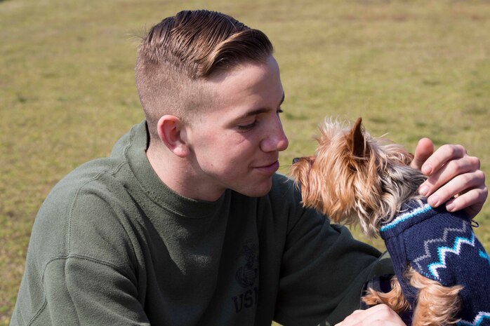 U.S. Marine Corps Lance Cpl. Ryan Cabral, volunteer at the Active-Duty Fund Drive Dog Parade, pets a yorkshire terrier at Marine Corps Air Station Iwakuni, Japan, April 1, 2017. The Navy-Marine Corps Relief Society held the event to bring the community together and increased awareness of its fund drive. Eleven dog owners registered for the event and walked from Penny Lake to the harbor gate and back. They also participated in a dog-costume contest. (U.S. Marine Corps photo by Lance Cpl. Gabriela Garcia-Herrera)