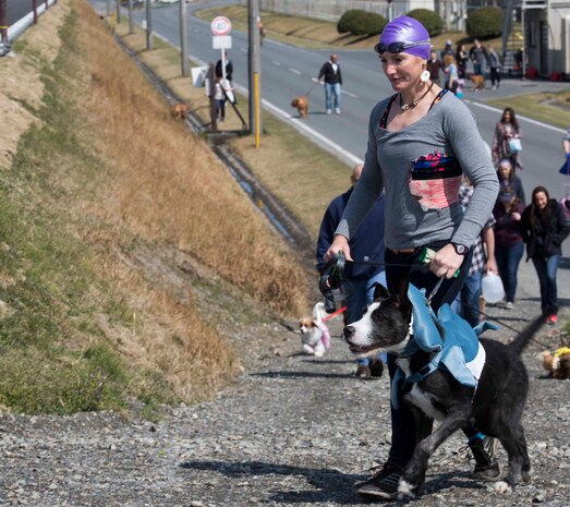 U.S. Marine Corps Capt. Kassia Regehr walks her dog, Ozzy, at the Active-Duty Fund Drive Dog Parade at Marine Corps Air Station Iwakuni, Japan, April 1, 2017. The Navy-Marine Corps Relief Society held the event to bring the community together and increased awareness of its fund drive. Eleven dog owners registered for the event and walked from Penny Lake to the harbor gate and back. They also participated in a dog-costume contest. (U.S. Marine Corps photo by Lance Cpl. Gabriela Garcia-Herrera)