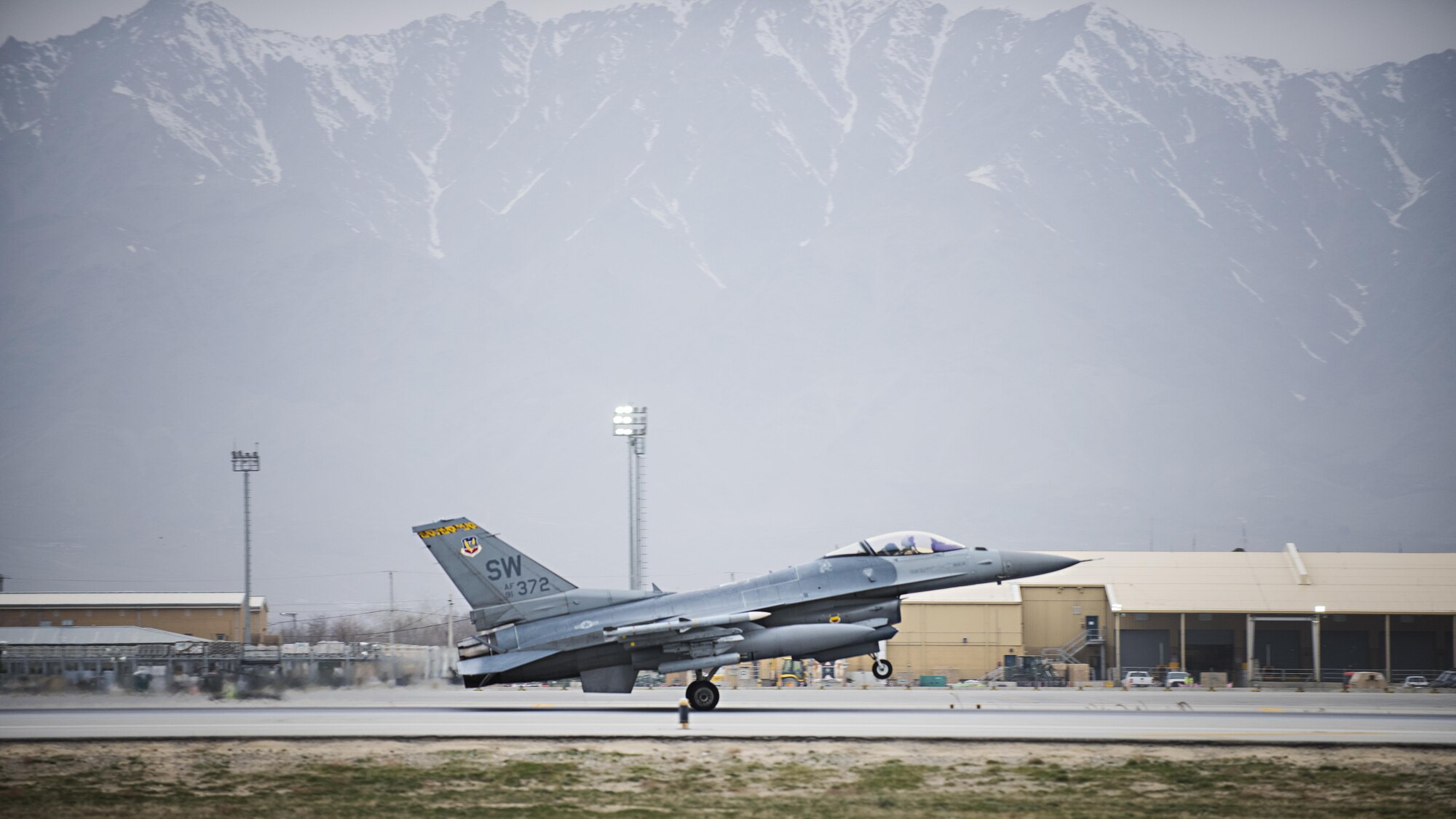 Lt. Col. Craig Andrle, 79th Expeditionary Fighter Squadron commander, lands after flying a combat sortie March 20, 2017 at Bagram Airfield, Afghanistan. During the sortie, Andrle reached a milestone 1,000 combat hours. (U.S. Air Force photo by Staff Sgt. Katherine Spessa)