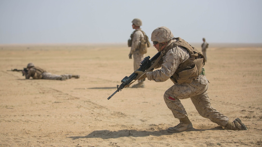 Marines with Combat Logistics Battalion 11, 11th Marine Expeditionary Unit (MEU), conduct live-fire, fire and movement drills during a sustainment training exercise (SUSTEX) near Camp Beuhring, Kuwait, Mar. 5. Marines rehearse fire and movement drills to maintain proficiency in basic rifleman skills and to remain combat ready. SUSTEX provided the MEU additional training repetitions to reinforce combat skills as they make their way through the U.S. 5th Fleet area of responsibility. 
