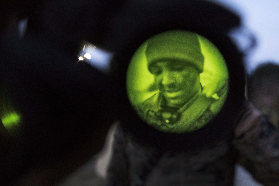 Marine Corps Cpl. Justin Morrall prepares for night stalking during Korea Marine Exercise Program 17-6 near Camp Mujuk, Pohang, South Korea, March 30, 2017. Morrall is assigned to the 3rd Marine Division's 3rd Marine Reconnaissance Battalion, 3rd Marine Expeditionary Force. Marine Corps photo by Sgt. Ally Beiswanger