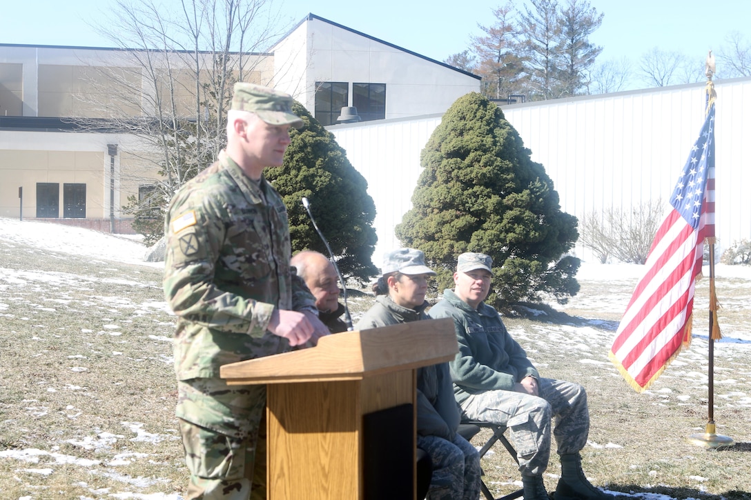 Col. Christopher Barron addresses the audience at the ground breaking ceremony on March 13, 2017.