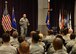 Col. Kurt Matthews, 920th Rescue Wing commander, speaks to Reserve Airmen during his first commander's call April 2, 2017 at Patrick Air Force Base, Fla. Matthews took command of the Air Force Reserve's only combat search-and-rescue wing in December 2016. (U.S. Air Force photo by Staff Sgt. Jared Trimarchi)
