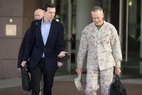 Jared Kushner, Senior Advisor to President Donald J. Trump, speaks with Marine Corps Gen. Joseph F. Dunford Jr., chairman of the Joint Chiefs of Staff, before departing Ramstein Air Base, April 3, 2017. 