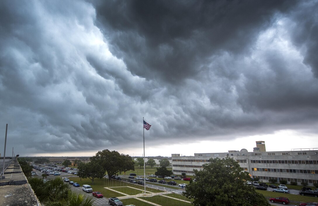 Dark clouds roll in just minutes before heavy rains came down on the West side of Eglin Air Force Base, Fla., April 3.  The base was under various weather watches as thunderstorms rolled through the local area.  (U.S. Air Force photo/Samuel King Jr.)