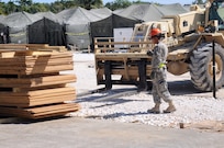 Pvt. 1st Class Joseph Martinez, a U.S. Army Reserve horizontal construction engineer from Ceiba, Puerto Rico, who serves with the 756th Engineer Company (Horizontal), 448th Eng. Battalion, ground guides a 10,000 lb. forklift to reposition construction materials around the forward operating base supporting U.S. Southern Command exercise Beyond the Horizon 2017-Belize. BTH 2017 is a partnership exercise between U.S. Army South and the Belize government that will consist of various medical events and construction projects throughout Belize.
