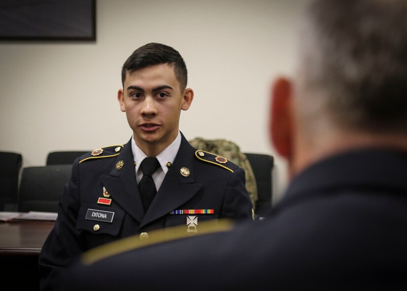 Army Reserve Spc. Julian Ditona, a multi-channel transmission systems operator/maintainer, assigned to the 98th Expeditionary Signal Battalion, 335th Signal Command (Theater), answers questions during an oral exam board at the command’s 2017 Best Warrior Competition at Fort Huachuca, Arizona March 31.  After five-days of demanding physical and mental challenges Ditona was named the command’s Best Warrior for the junior enlisted ranks, and will go on to represent the command at the U.S. Army Reserve Command’s Best Warrior Competition later this year. (Official U.S. Army Reserve photo by Sgt. 1st Class Brent C. Powell)