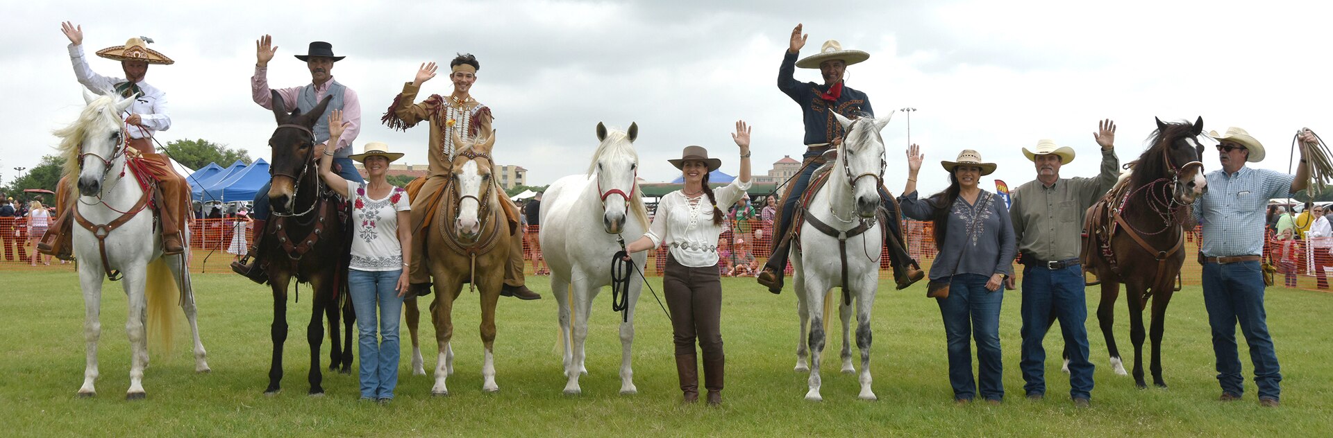 Charro Gerardo “Jerry” Diaz and family salute troops and families at the end of their Mexican Rodeo Extravaganza demonstration during the Cowboys for Heroes event Joint Base San Antonio-Fort Sam Houston’s MacArthur Parade Field April 1.