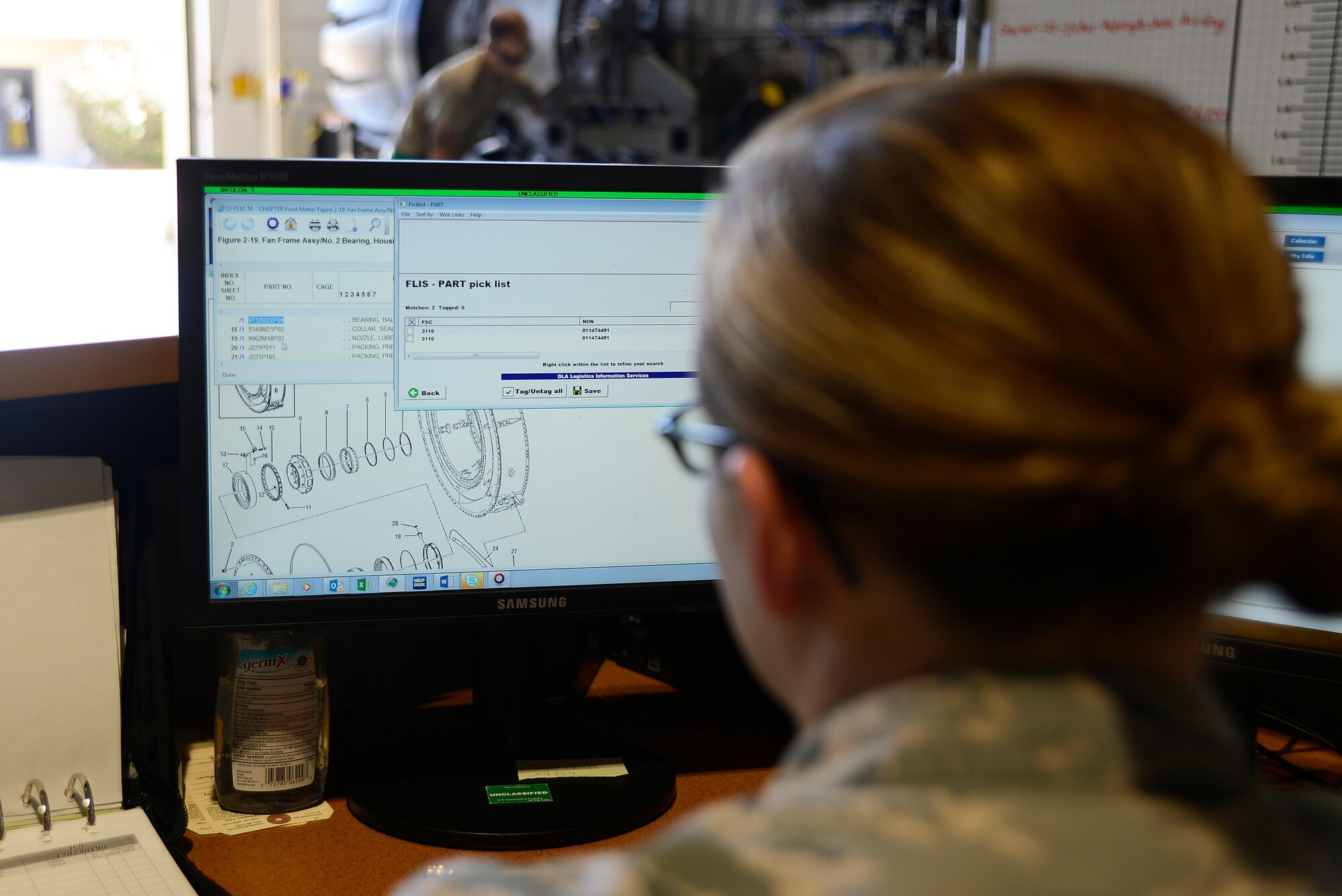U.S. Air Force Staff Sgt. Elizabeth Tapley, 20th Component Maintenance Squadron (CMS) aerospace propulsion craftsman inputs serially tracked parts into a computer at Shaw Air Force Base, S.C., March 29, 2017. Each part is tracked to ensure 20th CMS Airmen know which parts are being installed onto the F-16CM Fighting Flacon engine. (U.S. Air Force photo by Airman 1st Class BrieAnna Stillman)    