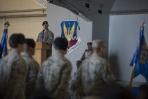 Col. Kevin Walker, 820th Base Defense Group commander, speaks during the opening ceremony of the 820th BDG anniversary, March 27, 2017, at Moody Air Force Base, Ga. The anniversary commemorated 20 years since the activation of the 820th BDG and allowed guests to reminisce on their history, honor those they’ve lost, and witness a tactical demonstration. (U.S. Air Force photo by Airman 1st Class Lauren M. Sprunk)