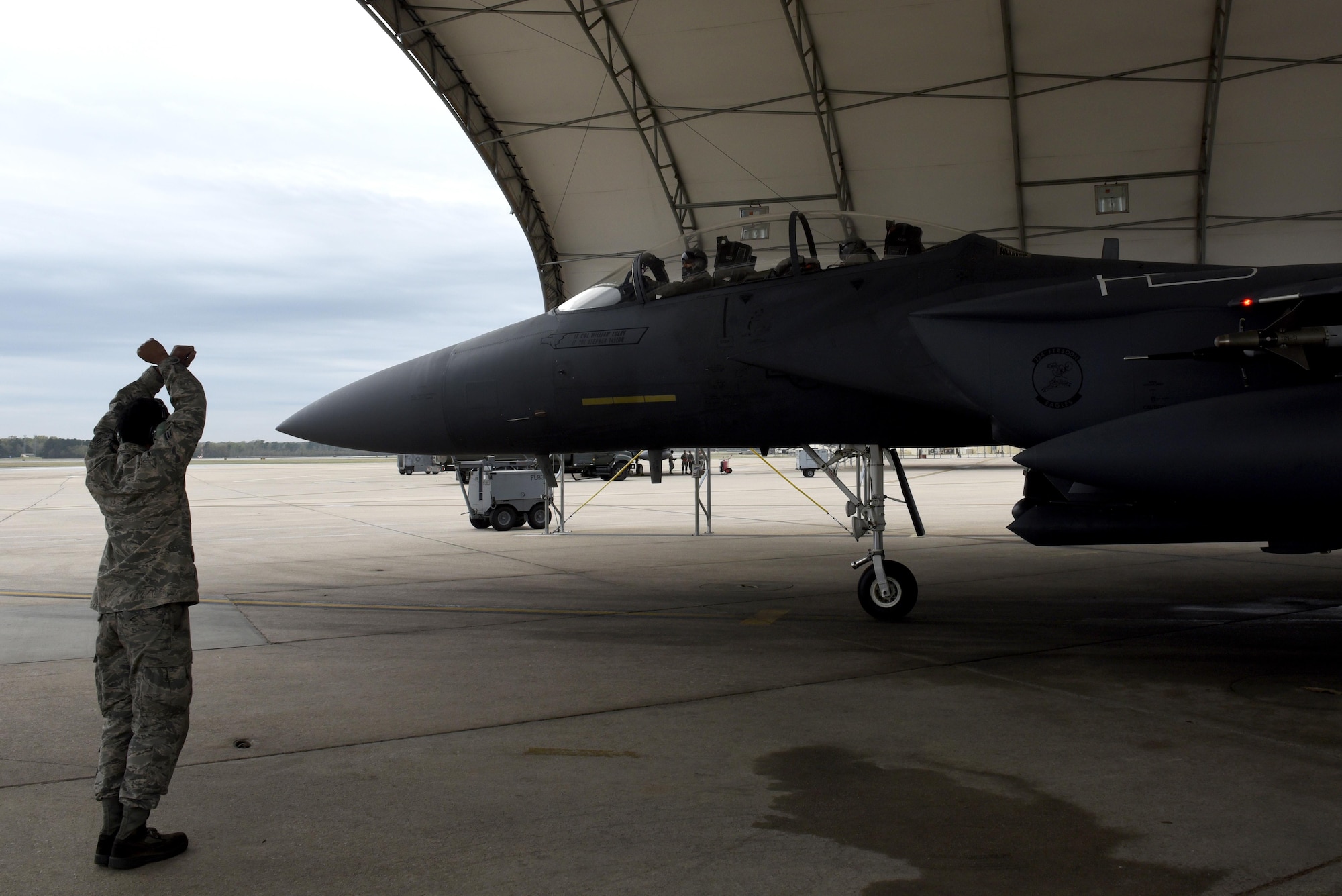 Lt. Col. Stephen Taylor, 334th Fighter Squadron assistant director of operations, completes his final flight in the F-15E Strike Eagle, March 30, 2017, at Seymour Johnson Air Force Base, North Carolina. Taylor reached the milestone of flying 3,000 hours in the F-15E earlier this month. (U.S. Air Force photo by Airman 1st Class Victoria Boyton) 