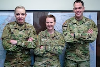 From left: Sgt. Morgan T. Wilken, Spc. Tara M. McTimmonds, Sgt. Noel A. Covey, pose for a photograph at 301st Maneuver Enhancement Brigade (MEB) headquarters, Joint Base Lewis-McChord, Wash. February 12, 2017. Geospatial engineers produce the maps that will support the commander’s next mission, and are a vital component of the Army, Army Reserve, and Total Force (U.S. Army Reserve photo by Spc. Sean Harding/Released).