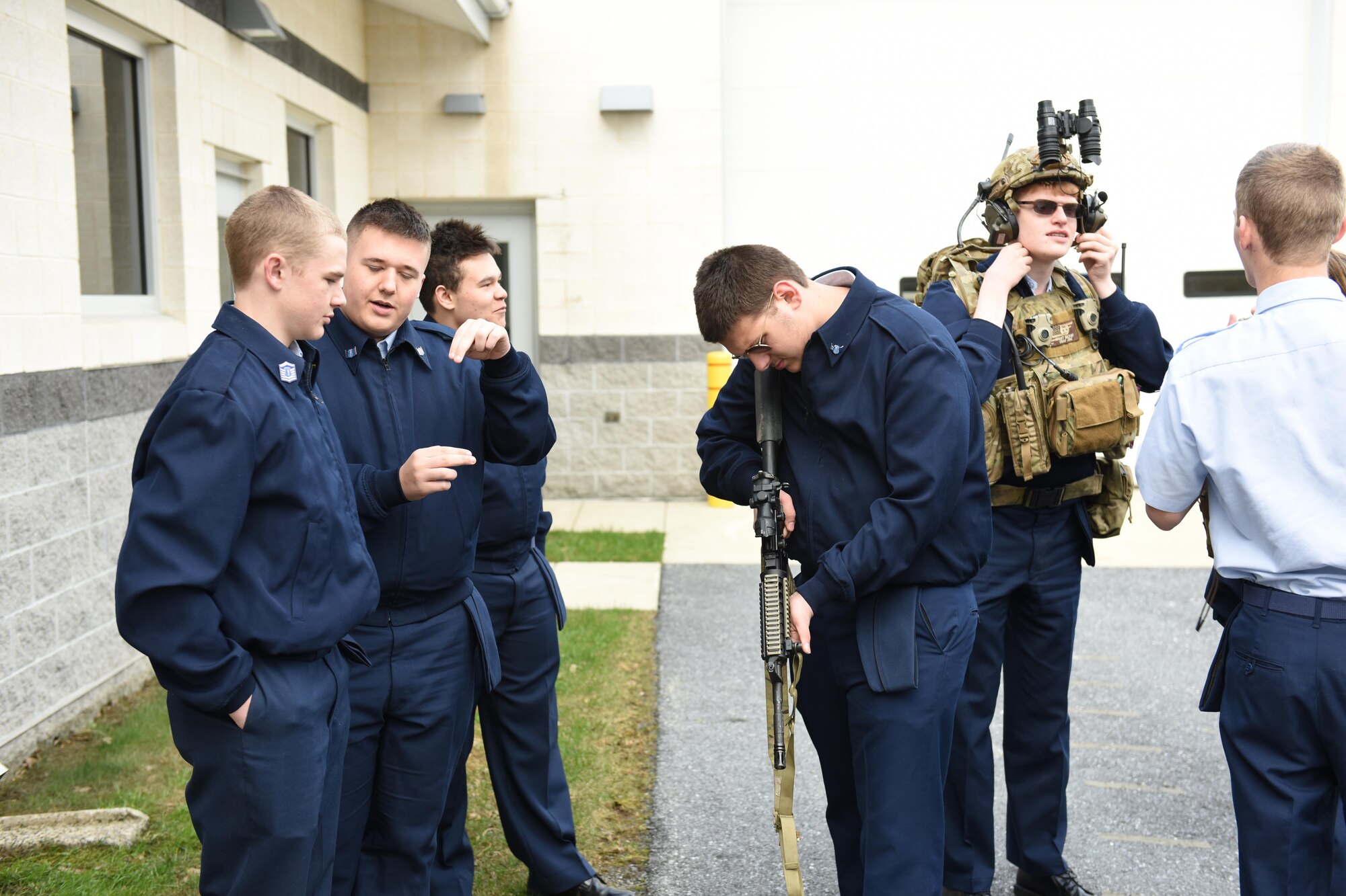 Central York School District Air Force Junior Reserve Officer Training Corps cadets check out 148th Air Support Operation Squadron’s equipment, Fort Indiantown Gap, Annville, Pennsylvania, March 30, 2017. Airmen of the 193rd Regional Support Group gave the cadets a tour of both Army and Air Force facilities at Ft. Indiantown Gap. (U.S. Air National Guard Photo by Master Sgt. Culeen Shaffer/Released)