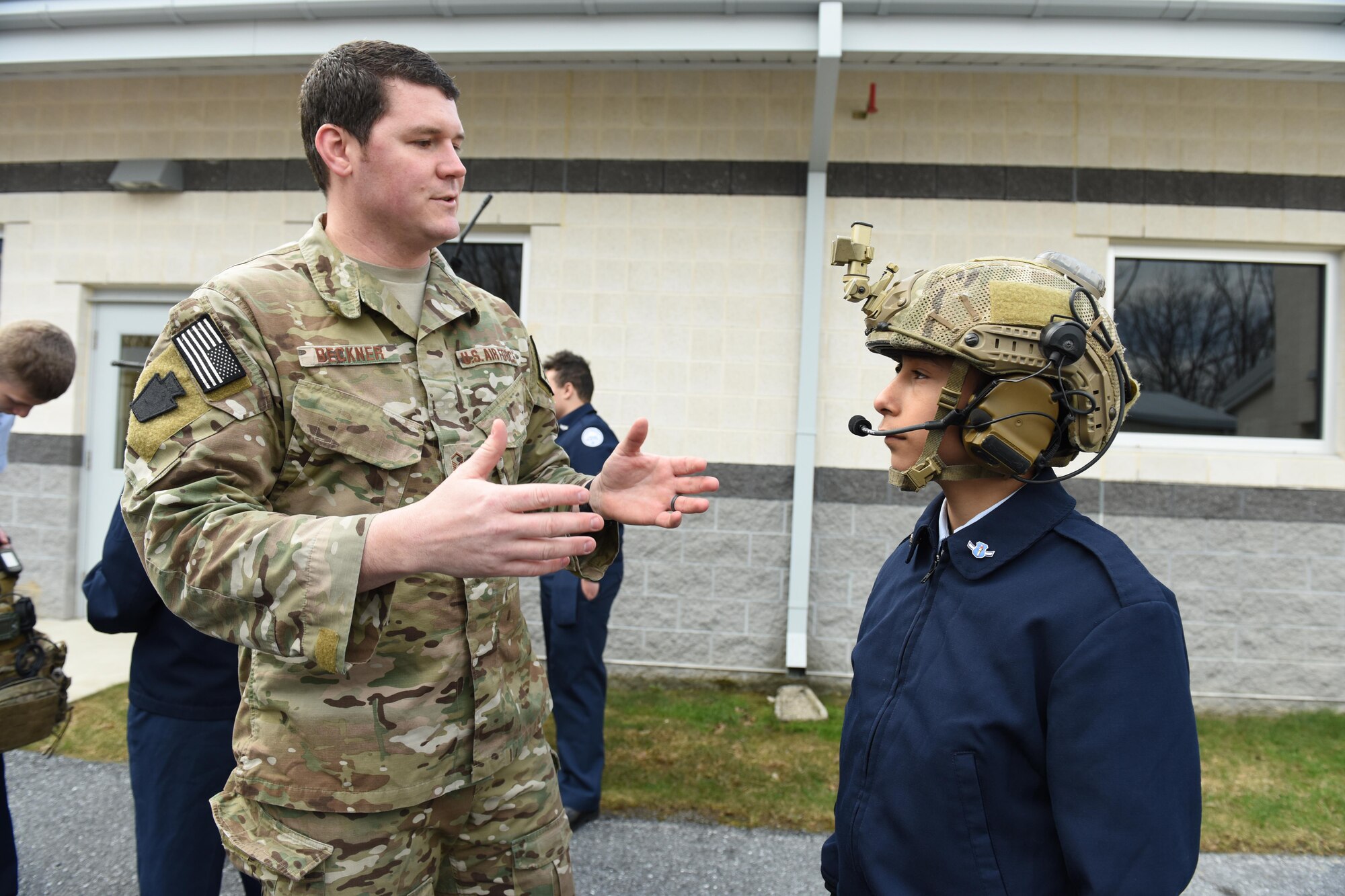 Central York School District Air Force Junior Reserve Officer Training Corps cadets check out 148th Air Support Operation Squadron’s equipment, Fort Indiantown Gap, Annville, Pennsylvania, March 30, 2017. Airmen of the 193rd Regional Support Group gave the cadets a tour of both Army and Air Force facilities at Ft. Indiantown Gap. (U.S. Air National Guard Photo by Master Sgt. Culeen Shaffer/Released)