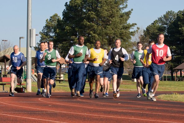 U.S. Air Force Reservists assigned to the 913th Airlift Group participate in the run portion of their physical fitness assessment test at Little Rock Air Force Base, Ark., April 1, 2016. Many Airmen push themselves to score 90 or above, which allows them to test annually, rather than biannually. (U.S. Air Force photo by Master Sgt. Jeff Walston/Released)