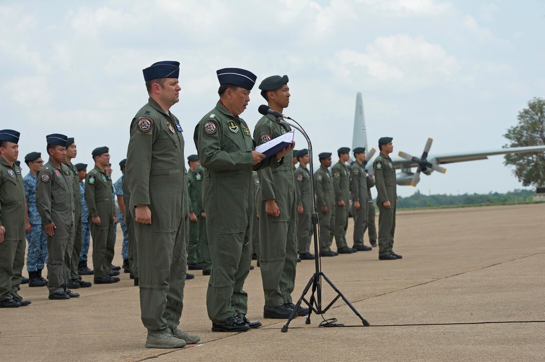 Exercise directors for Cope Tiger 17 participate in the closing ceremony at Korat Royal Thai Air Force Base, Thailand, March 31, 2017. The annual multilateral exercise is aimed at improving combined combat readiness and interoperability between the Republic of Singapore air force, Royal Thai air force, and U.S. Air Force, while concurrently enhancing the three nations' military relations.  (U.S. Air Force photo by Staff Sgt. Kamaile Chan)