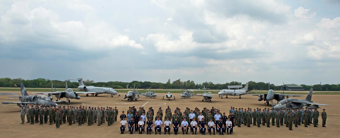 Cope Tiger 17 (CT17) participants during the closing ceremony for Cope Tiger 17 at Korat Royal Thai Air Force Base, Thailand, March 31, 2017. More than 1,200 U.S., Thai and Singaporean military members participated in CT17. The annual multilateral exercise is aimed at improving combined combat readiness and interoperability between the Republic of Singapore air force, Royal Thai air force, and U.S. Air Force, while concurrently enhancing the three nations' military relations.  (U.S. Air Force photo by Staff Sgt. Kamaile Chan)