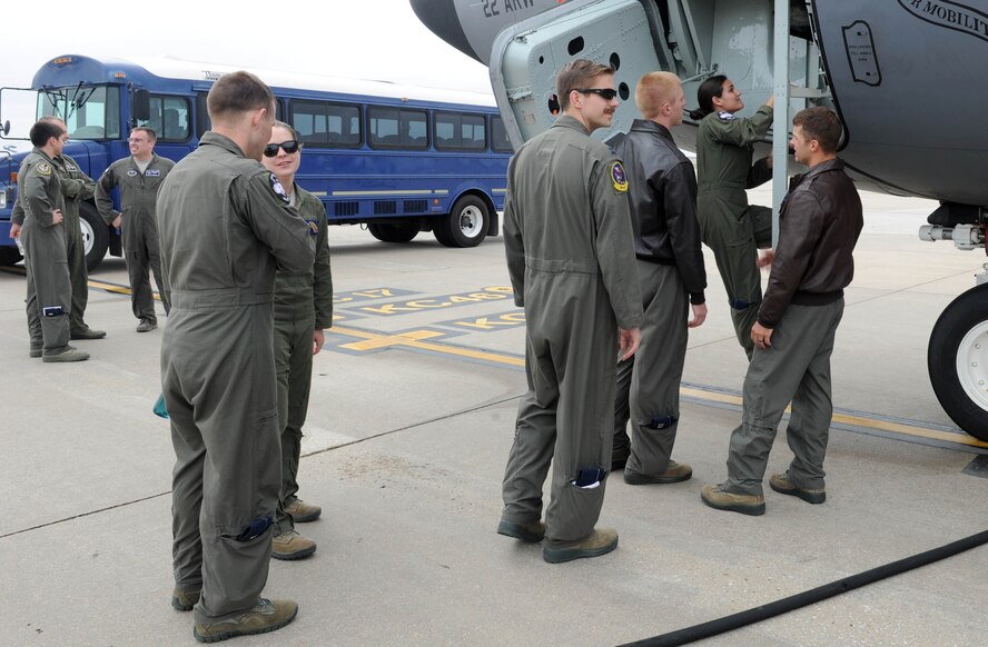 First Assignment Instructor Pilots assigned to the 48th Flight Training Squadron, wait to board a KC-135 Stratotanker April 2, 2017, at McConnell Air Force Base, Kan. During their visit here, the FAIPs talked with KC-135 pilots and learned more about what it takes to be a tanker pilot. (U.S. Air Force photo/Senior Airman Tara Fadenrecht)