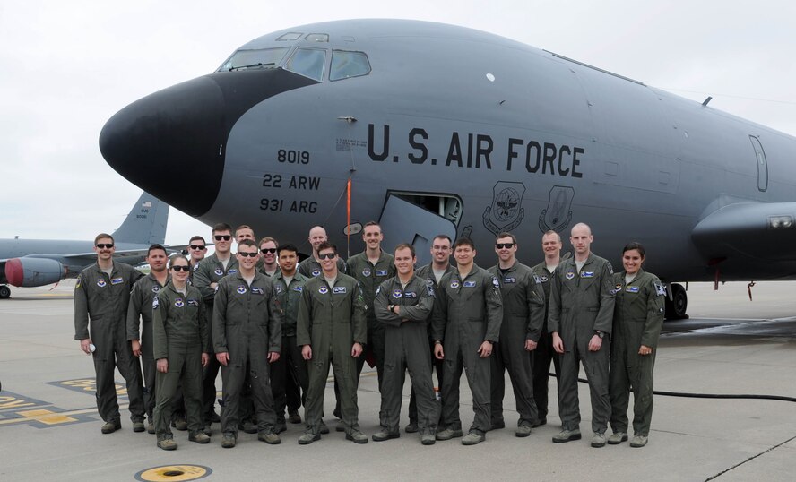 First Assignment Instructor Pilots assigned to the 48th Flight Training Squadron, stand in front of a KC-135 Stratotanker April 2, 2017, at McConnell Air Force Base, Kan. The FAIPs visited McConnell to gain a better understanding of the tanker and the base mission. (U.S. Air Force photo/Senior Airman Tara Fadenrecht)