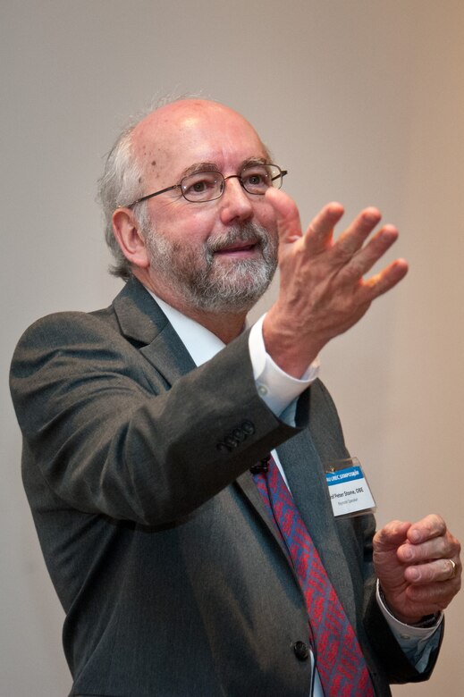 Peter Stone, Newcastle University professor, discusses the important responsibility of protecting cultural property during armed conflict at the second annual Air University Language, Regional Expertise and Culture Symposium on Maxwell Air Force Base, Ala., March 29th, 2017. LREC was hosted by the Air Force Culture and Language Center. (US Air Force photo by Melanie Rodgers Cox/Released)