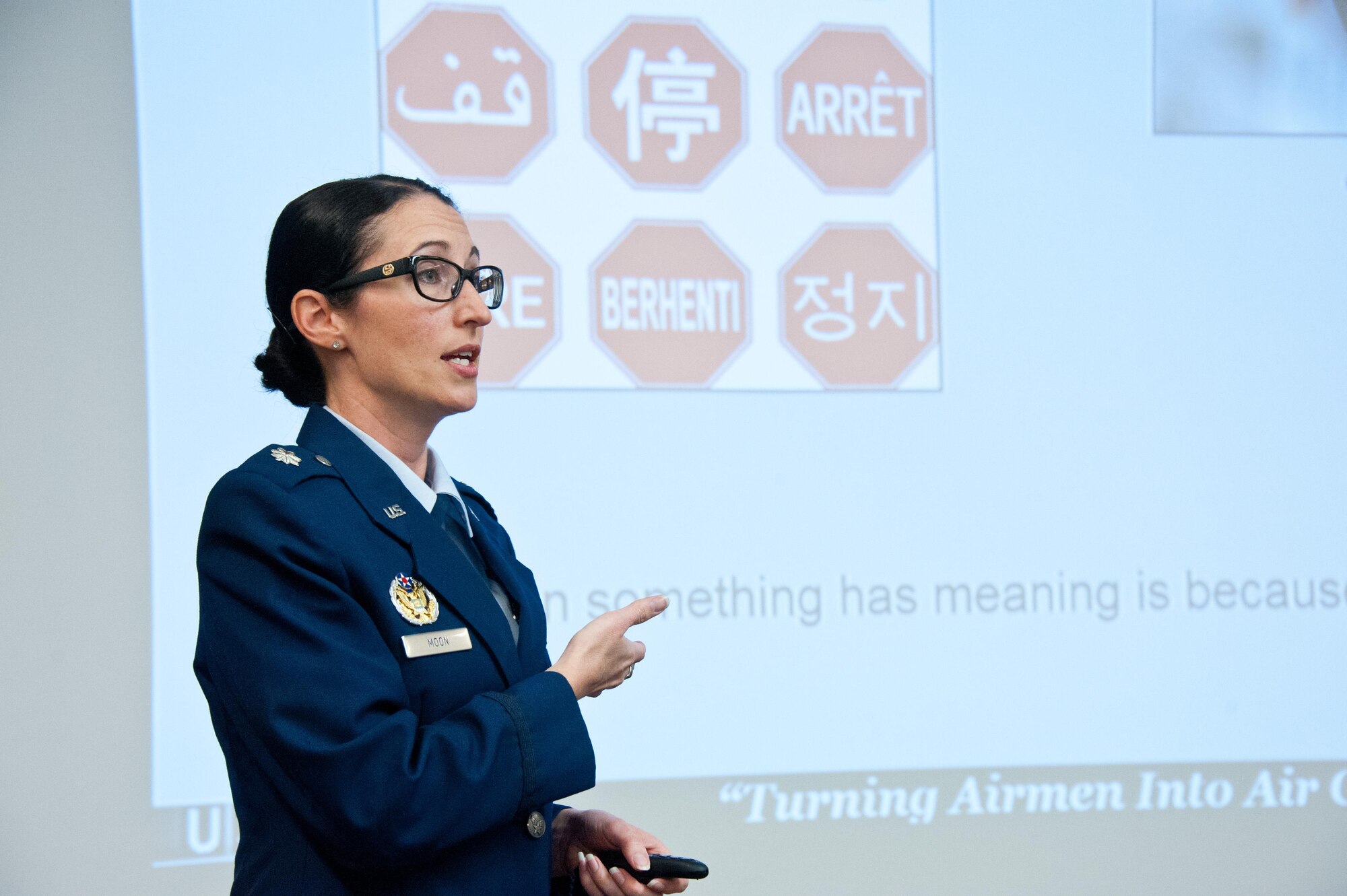 Lt. Col. Kelli Moon, Chief of the Language and Culture Center at the U.S. Air Force Special Operations School, briefs participants at the Air University Language, Regional Expertise and Culture Symposium on Maxwell Air Force Base, Ala., March 30th, 2017. Moon spoke about the five cultural dimensions and how they impact the human domain. LREC was hosted by the Air Force Culture and Language Center. (US Air Force photo by Melanie Rodgers Cox/Released)