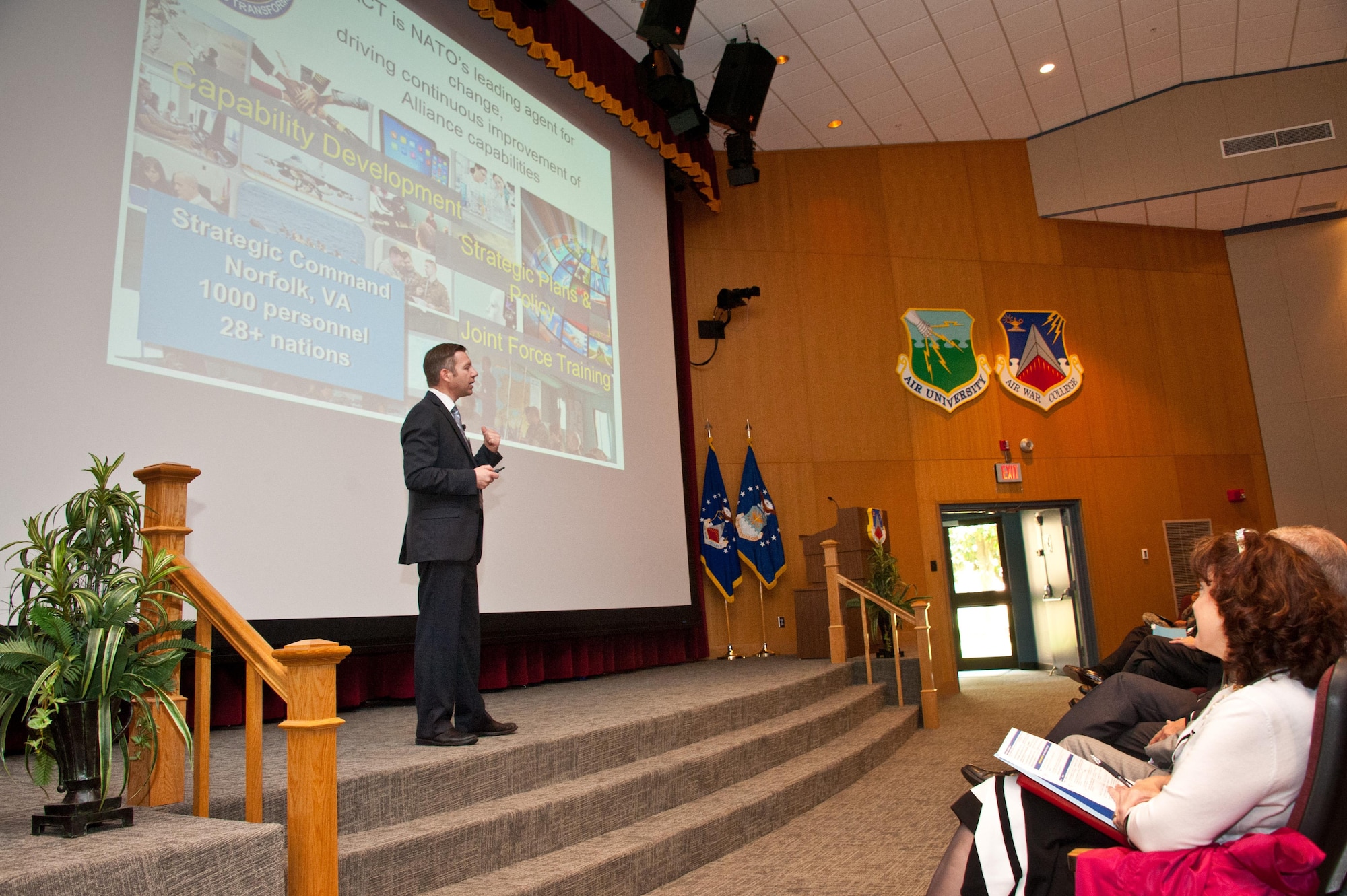 Serge Da Deppo, North Atlantic Treaty Organization Transformation Command, Future Solutions Branch, discusses NATO's online worldwide cross cultural expert network during the second annual Air University Language, Regional Expertise and Culture Symposium on Maxwell Air Force Base, Ala., March 29th, 2017. Member nations currently use the network to improve cultural understanding of regions they will be deployed by having moderators in one location to conduct online videoconferences with groups from two different nations. (US Air Force photo by Melanie Rodgers Cox/Released)