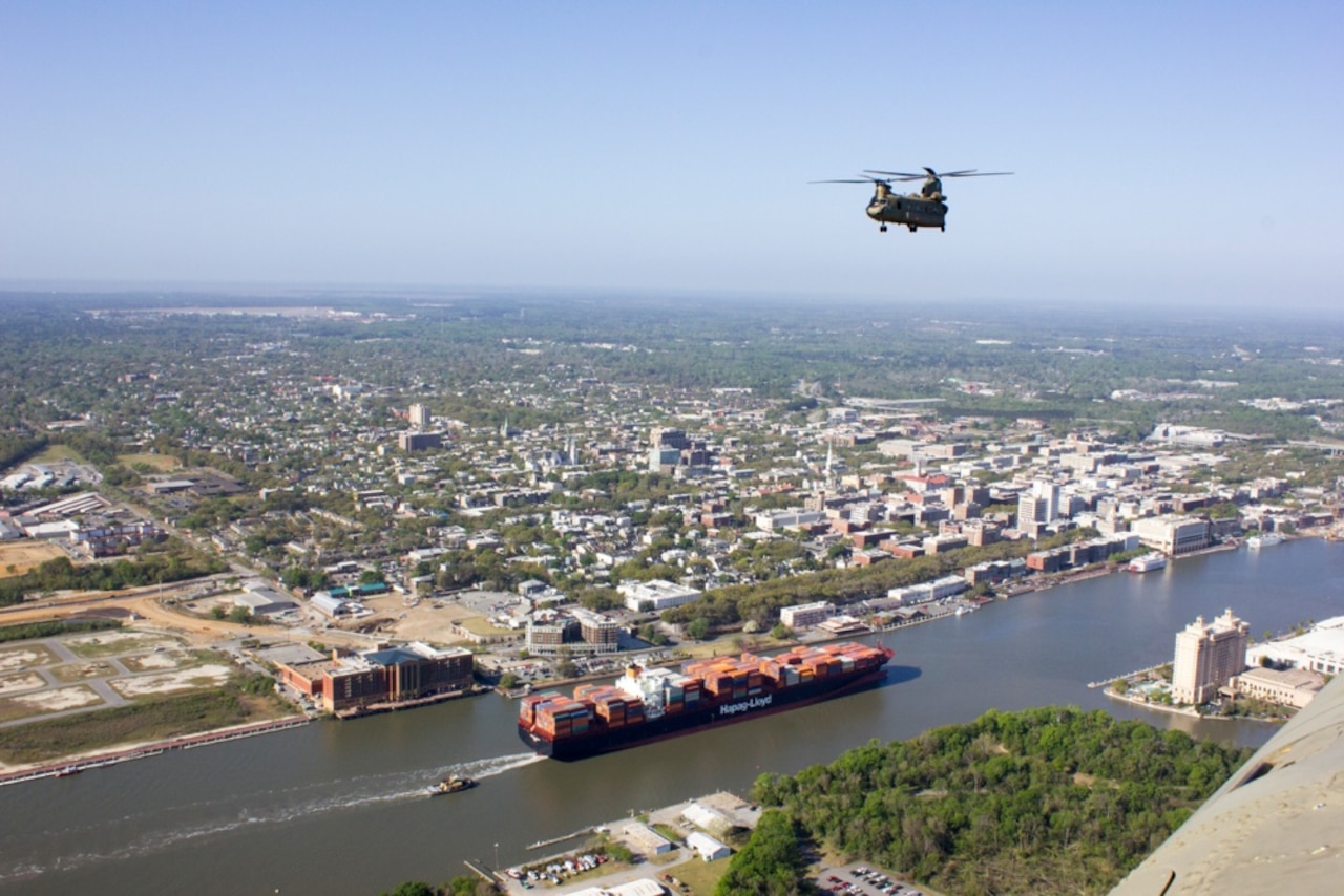 Two Georgia National Guard CH-47 Chinook helicopters transport response teams from the Georgia Department of Natural Resources to Sapelo Island, Savannah, Ga., during Vigilant Guard 2017, a statewide emergency response exercise, March 28, 2017. Army photo by Sgt. Gary Hone