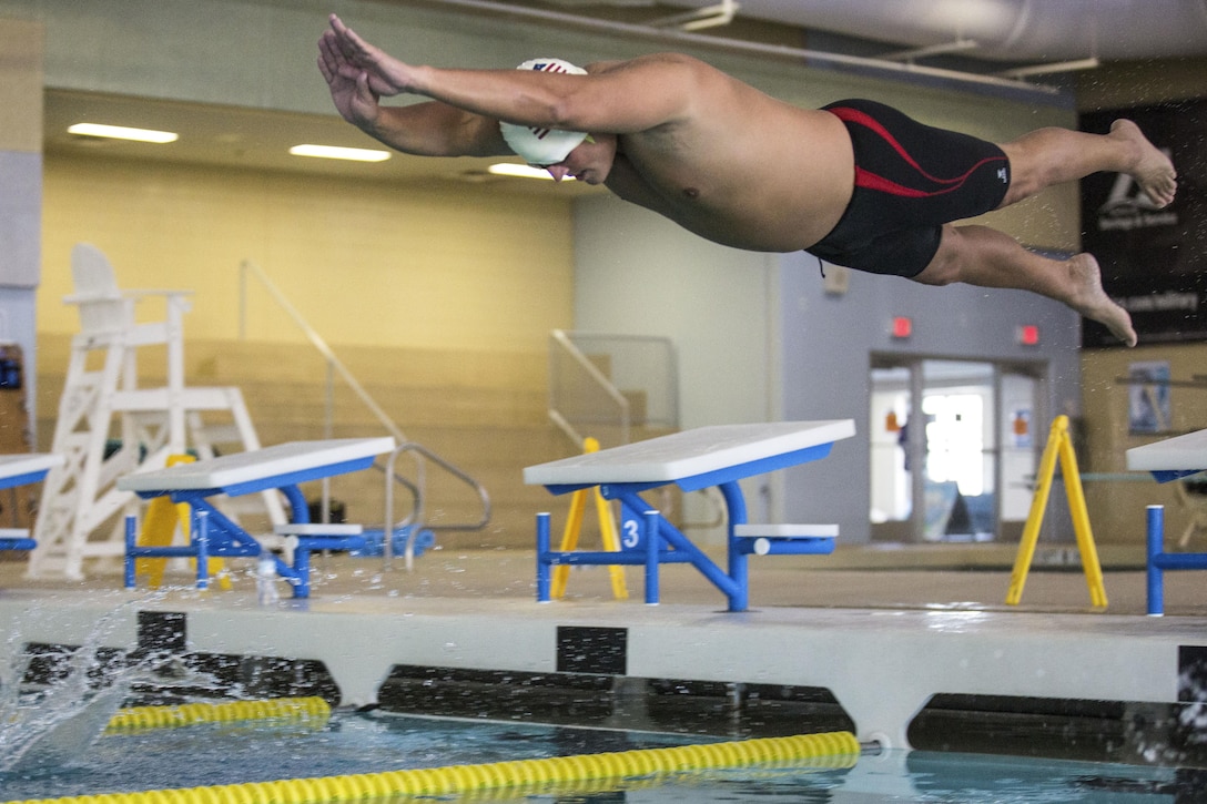 Army veteran Dean Brink trains for the swimming event for the Warrior Care and Transition's Army Trials at Fort Bliss, Texas, March 31, 2017. About 80 wounded, ill and injured active-duty soldiers and veterans are competing in eight different sports for the opportunity to represent Team Army at the 2017 Department of Defense Warrior Games. Army photo by Pfc. Genesis Gomez